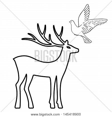 Outlined deer & soaring dove set silhouettes isolated on white background design for Xmas cards banners and flyers vector illustration isolated on white background