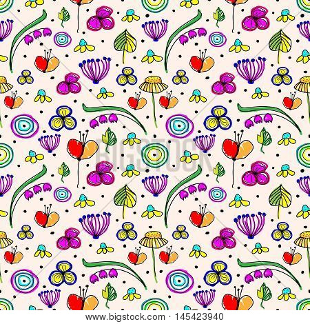 Seamless vector floral pattern. Cute hand drawn endless background with childish flowers and leaves. Series of Doodle Cartoon and Sketch vector seamless patterns.