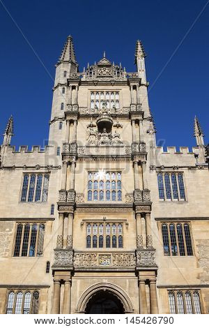 The Tower of the Five Orders housing the Bodleian Library in Oxford England. It is one of the oldest libraries in Europe.