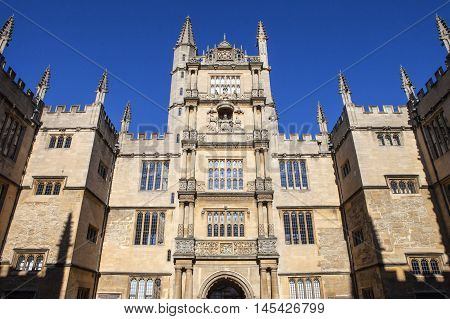 The Tower of the Five Orders housing the Bodleian Library in Oxford England. It is one of the oldest libraries in Europe.