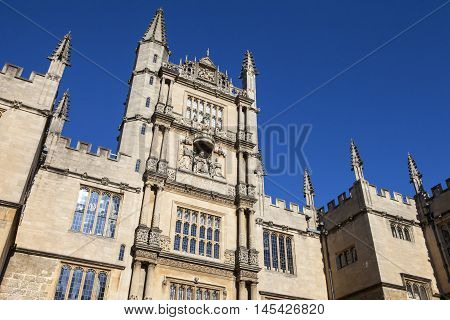 The Tower of the Five Orders housing the Bodleian Library in Oxford England. It is one of the oldest libraries in Europe.