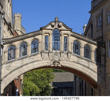 A view of the Bridge of Sighs (also known as Hertford Bridge) in the city of Oxford England.
