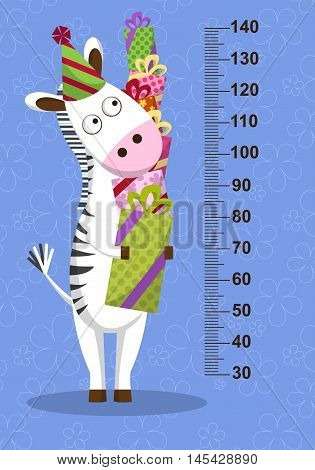 Cartoon Zebra With Gifts On Blue Background. Stadiometer. Vector