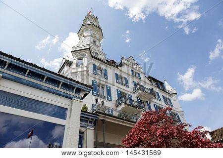 LUCERNE SWITZERLAND - MAY 04 2016: Gutsch castle with its hotel and restaurant is located on a hill over the city. Its unique architecture and its location makes it one of the tourist attractions