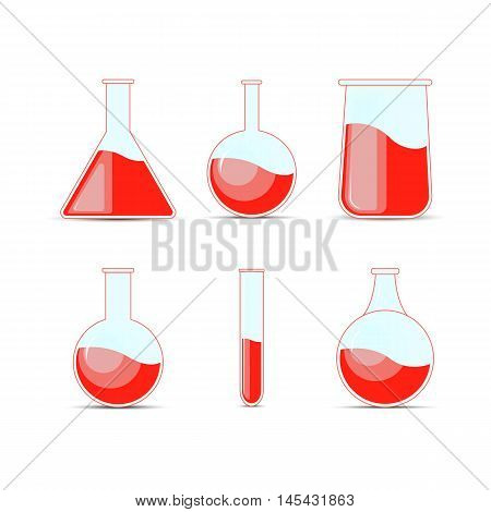 Set Chemical Flask. Erlenmeyer Flask, Distilling Flask, Volumetric Flask, Test Tube. Vector Illustra