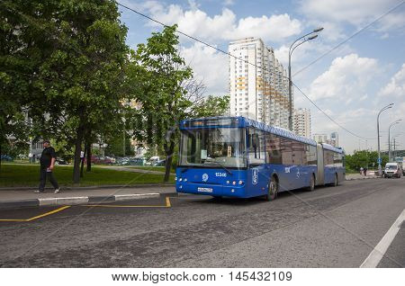 MOSCOW, RUSSIA - 05.29.2015 passenger bus traveling on road in a Mitino
