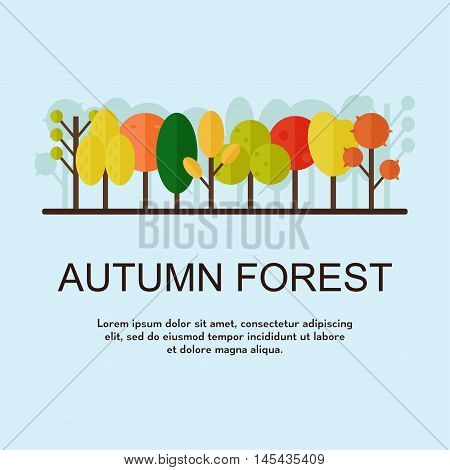 Autumn forest poster. Autumn trees on blue background with text template. Flat style vector illustration.