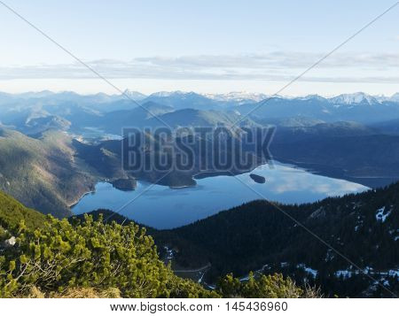 walchensee seen from the herzogstand in summer