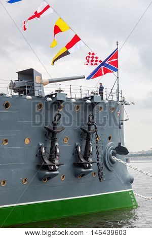 ST. PETERSBURG RUSSIA - JULY 29 2016: The legendary revolutionary cruiser Aurora at the place of eternal parking on the Petrograd embankment