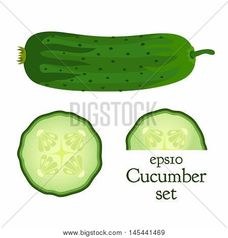 Set of cucumber and slices. Made in flat style, vegetable, food illustration.