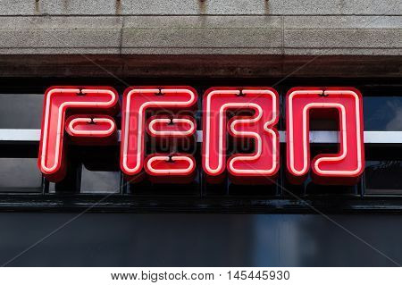 Amsterdam, The Netherlands, August 30, 2016: Febo sign. FEBO is a chain of Dutch walk-up fast food restaurants, most notable for this automatic format.
