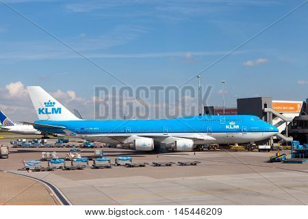Amsterdam, The Netherlands - August 31, 2016: KLM Boeing 747 parked at Amsterdam's Schiphol airport, KLM's home airport.