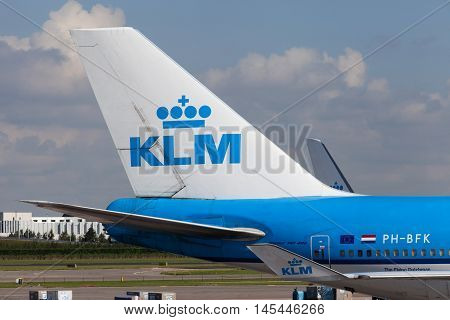 Amsterdam, The Netherlands - August 31, 2016: Tail of KLM Boeing 747 parked at Amsterdam's Schiphol airport, KLM's home airport.