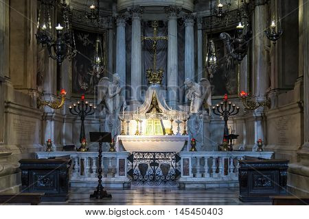Genova, Italy - July 10, 2016: View of left apse chapel of Genoa Cathedral, Italy. Genoa Cathedral is a Roman Catholic cathedral in the Italian city of Genoa. It is dedicated to Saint Lawrence and is the seat of the Archbishop of Genoa.