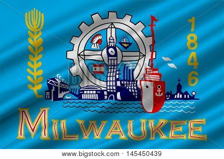 Flag of Milwaukee in the State of Wisconsin of United States. 3D illustration
