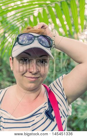 Young Caucasian Happy Woman Deep In The Humid Tropical Environment Of Amazonia Jungle South America