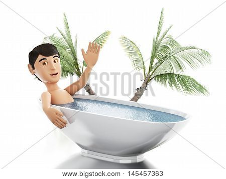 3d renderer image. Man take a bath in a tub. Holidays concept. Isolated white background.