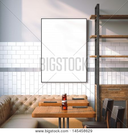 Bright restaurant interior with white canvas on a wall. 3d rendering