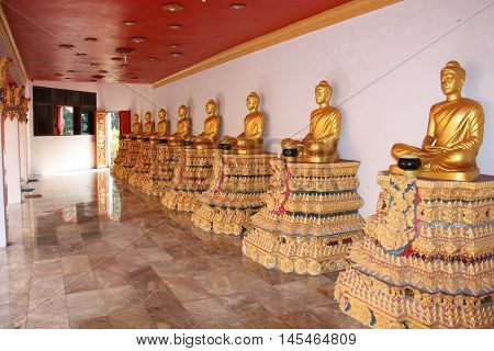 Golden Buddhist Statues On Colored Pedestals In A Long Corridor
