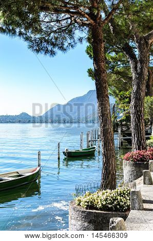 Vacation Summer Serene Lugano Lake Surrounded By Hills In Morcote, Switzerland
