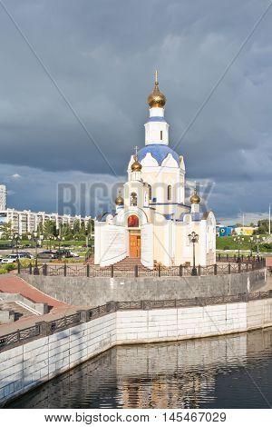 BELGOROD RUSSIA - August 31.2016: Embankment of the Vezelka River and temple of Saint Gabriel