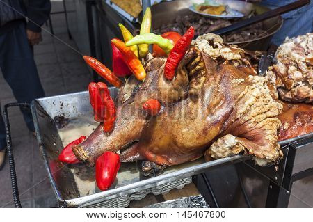 Baked pork (hornado) typical food of Ecuador