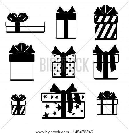 Gift boxes with ribbon bows icons set isolated over white. Gift icon with bow ribbon. Vector illustration
