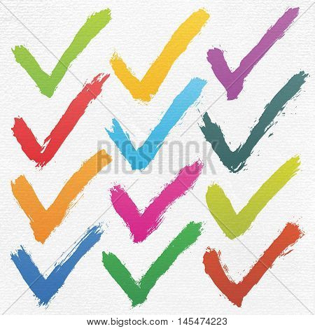 Check mark ink sketch on watercolor paper. Aquarelle abstract textured in handmade technique. Isolated shape on white background. Vector illustration for design in 10 eps