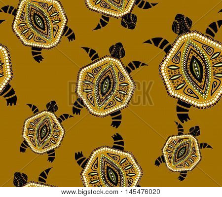 Seamless pattern with turtles in indigenous style Vector in yellow