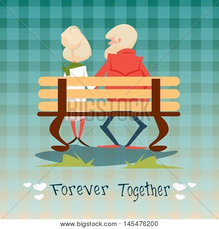 Senior Couple Sitting On Bench Forever Together Grandparents Day Greeting Card Flat Vector Illustration