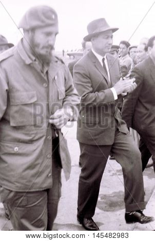 Yangiyer Uzbekistan - May 10 1963: Fidel Castro and Sharaf Rashidov.