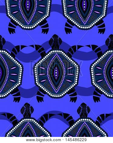 Seamless pattern with turtles on blue wavy background