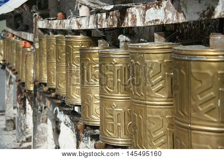 Golden prayer wheels, China, Tibet, Lhasa, Potala