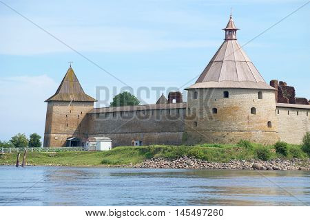 Two ancient towers (Golovin and Sovereign) close-up on a summer day. Oreshek fortress, Russia