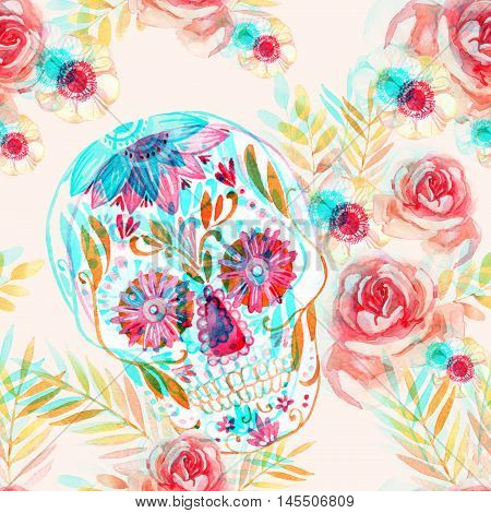 Mexican sugar skull among the flowers seamless pattern. Day of the dead holiday background with watercolor paper texture. Hand painted illustration with double color exposure glitch effect