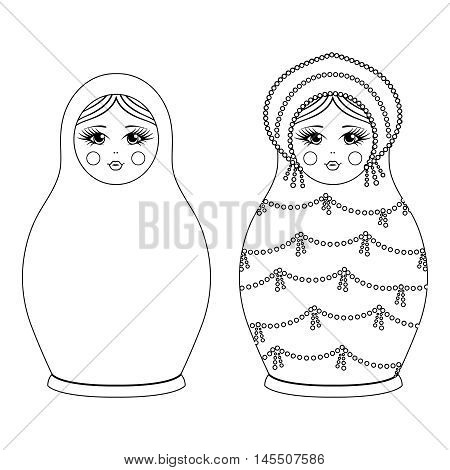 Russian traditional wooden toys, babushka, matryoshka, simple beauty design element. Vector illustration. National culture concept. Retro doll background for adult coloring page book.