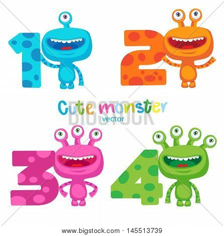 Cute Colorful Monsters and Kids Numbers Vector Set. Luck Cartoon Mascot Illustration. Kids Number Learning Vector. Happy School theme. Small Alien Creature.