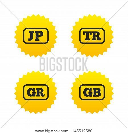 Language icons. JP, TR, GR and GB translation symbols. Japan, Turkey, Greece and England languages. Yellow stars labels with flat icons. Vector