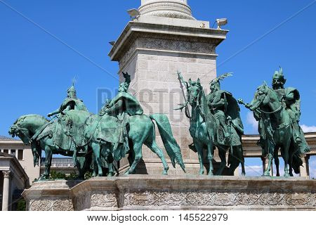 Statues of the Chieftains at the Hero Square in Budapest Hungary
