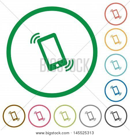 Set of ringing phone color round outlined flat icons on white background