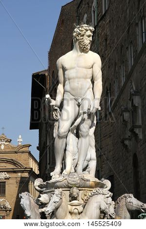Statue on the Fountain of Neptune on the Piazza della Signoria in Florence Italy Europe.