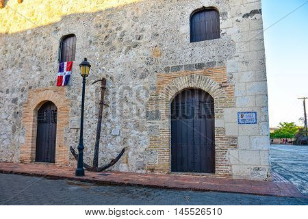 SANTO DOMINGO, DOMINICAN REPUBLIC - January 29, 2016: View of Museum of Casas Reales, particular of the old anchor of the galleon Conde De Tolosa.