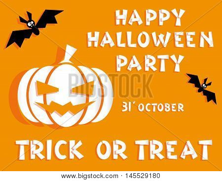 Holiday background. Title Happy Halloween party Trick or Treat and scary pumpkin backdrop on bats. 