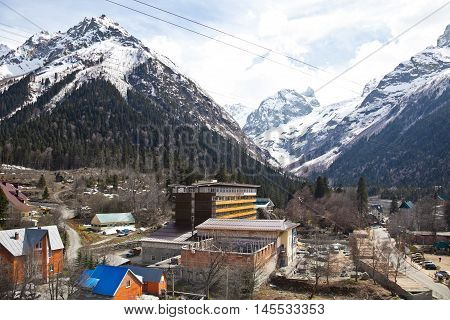 DOMBAY RUSSIA - May 03.2015: Dombai Glade. The settlement in the Caucasus Mountains skiing resort