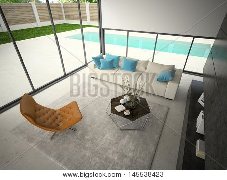 Interior of hous with swiming pool 3D rendering