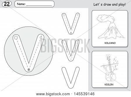 Cartoon Volcano And Violin. Alphabet Tracing Worksheet: Writing A-z And Educational Game For Kids