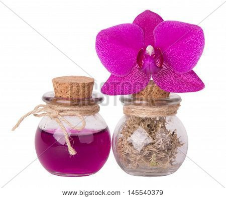 Pink orchid and two bottles. Spa concept. Isolated on white.
