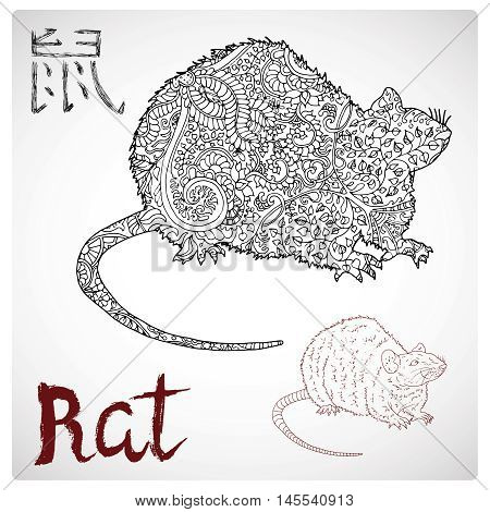 Hand drawn illustration of rat or mouse with zen pattern and lettering. Zodiac animal sign, horoscope and astrological vector symbol. Graphic drawing for coloring book. Chinese hieroglyph means Rat