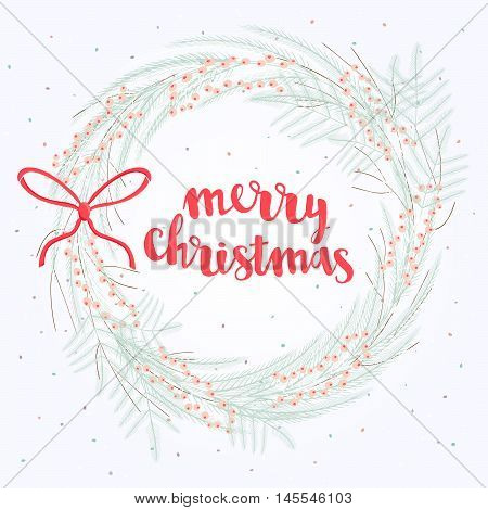 Vector Cute Merry Christmas Card With Frozen Wreaths. Winter Frame Of Fir, Berries, Flowers And Bran