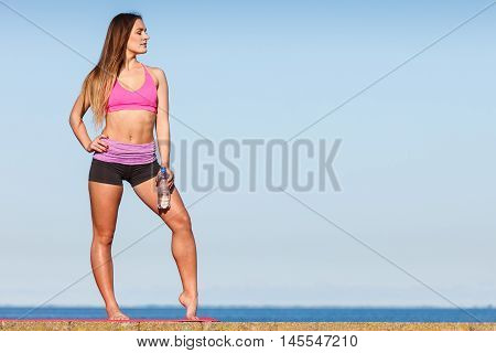 Woman Drinking Water After Sport Gym Outdoor